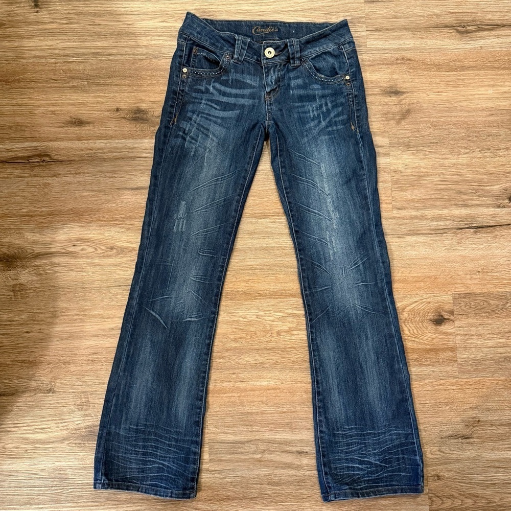 Candies Y2K Low Rise Jeans Women’s 29 Embroidered Accents Distressed Grunge Boot - Picture 2 of 10